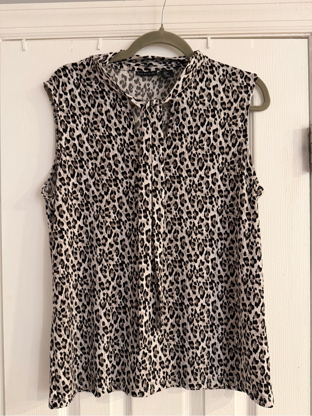 Tahari Beige and Black Leopard Print Tie-Neck Tank